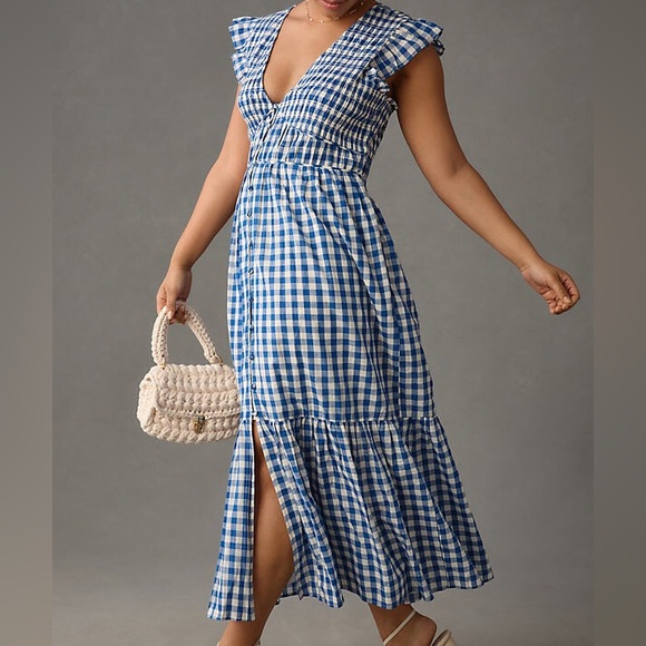 Anthropologie The Peregrine Midi Dress Blue Gingham Plaid Smocked Size L - Picture 6 of 9